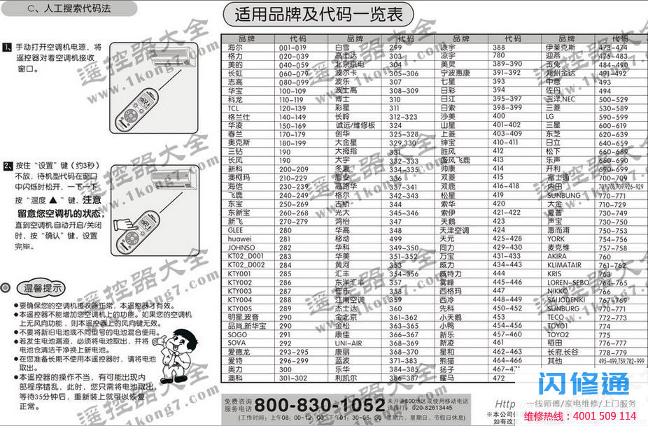 万能空调遥控器代码表